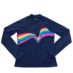 Lands End Girls Rash Guard Swimsuit Top Rainbow Theme Navy Blue Medium 10 12